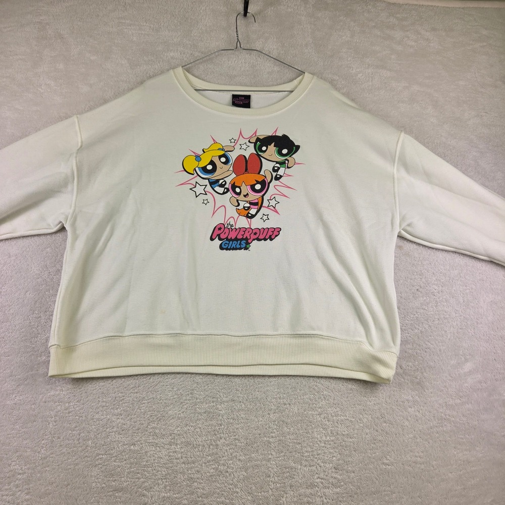 Powerpuff Girls Graphic Sweatshirt Off White Relaxed Pullover Y2K Cartoon L